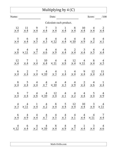The Multiplying (1 to 12) by 4 (100 Questions) (C) Math Worksheet