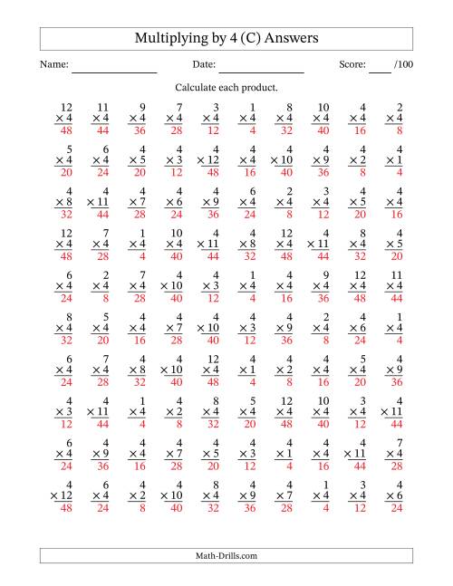 The Multiplying (1 to 12) by 4 (100 Questions) (C) Math Worksheet Page 2