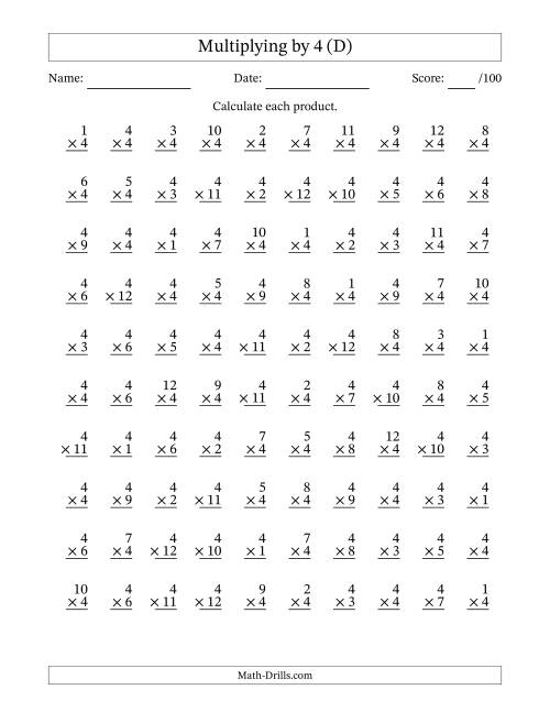 The Multiplying (1 to 12) by 4 (100 Questions) (D) Math Worksheet
