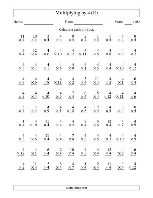 The Multiplying (1 to 12) by 4 (100 Questions) (E) Math Worksheet