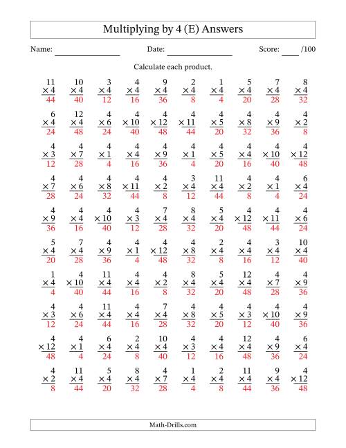 The Multiplying (1 to 12) by 4 (100 Questions) (E) Math Worksheet Page 2