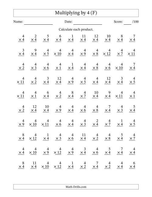 The Multiplying (1 to 12) by 4 (100 Questions) (F) Math Worksheet