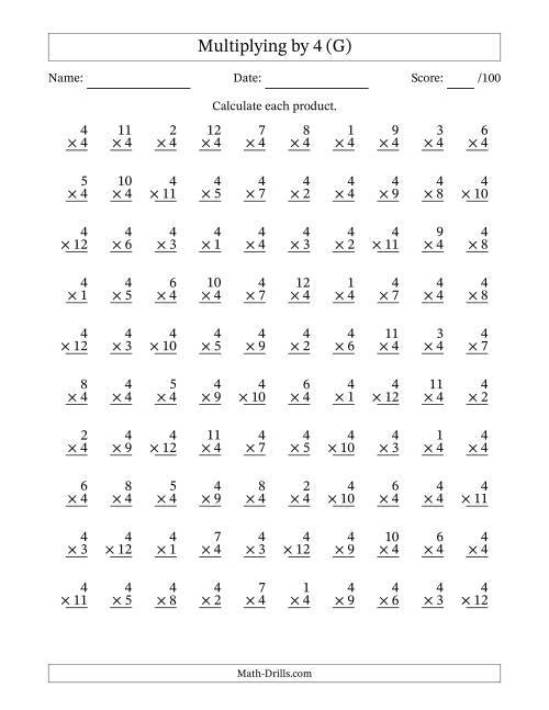 The Multiplying (1 to 12) by 4 (100 Questions) (G) Math Worksheet