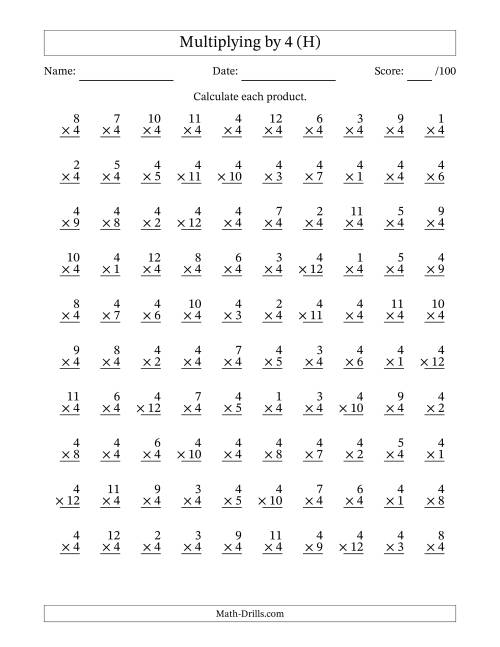 The Multiplying (1 to 12) by 4 (100 Questions) (H) Math Worksheet