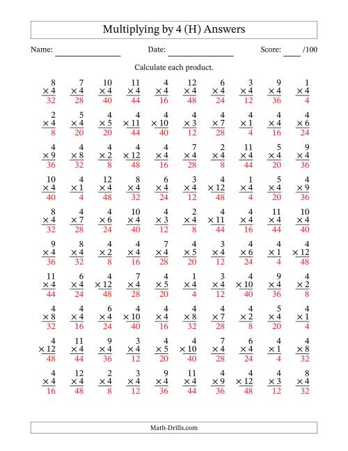The Multiplying (1 to 12) by 4 (100 Questions) (H) Math Worksheet Page 2