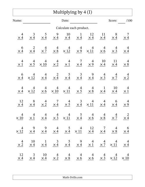 The Multiplying (1 to 12) by 4 (100 Questions) (I) Math Worksheet