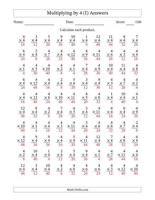 The Multiplying (1 to 12) by 4 (100 Questions) (I) Math Worksheet Page 2