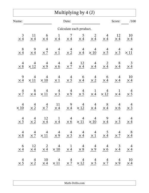 The Multiplying (1 to 12) by 4 (100 Questions) (J) Math Worksheet