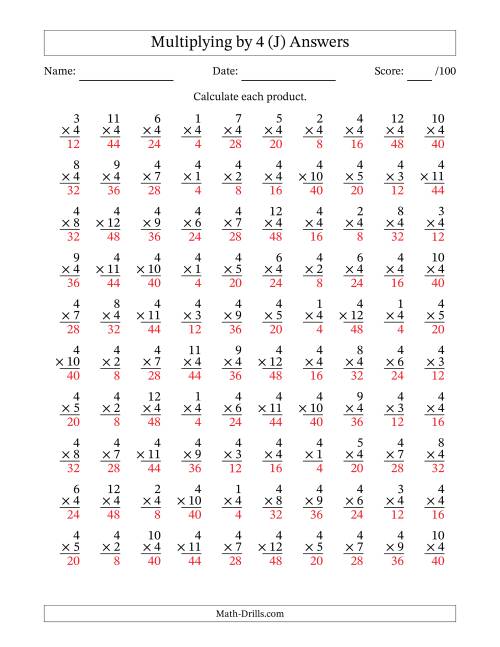 The Multiplying (1 to 12) by 4 (100 Questions) (J) Math Worksheet Page 2