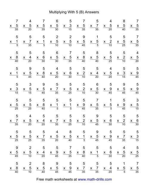 The 100 Vertical Questions -- Multiplication Facts -- 5 by 1-9 (B) Math Worksheet Page 2