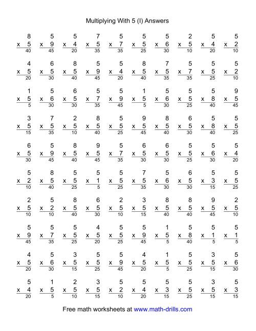 The 100 Vertical Questions -- Multiplication Facts -- 5 by 1-9 (I) Math Worksheet Page 2