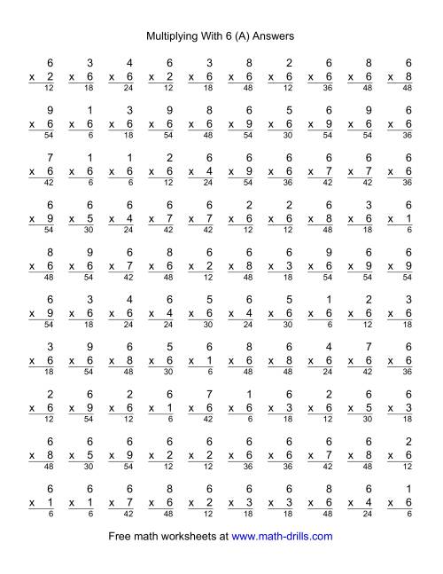 The 100 Vertical Questions -- Multiplication Facts -- 6 by 1-9 (A) Math Worksheet Page 2