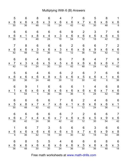 The 100 Vertical Questions -- Multiplication Facts -- 6 by 1-9 (B) Math Worksheet Page 2