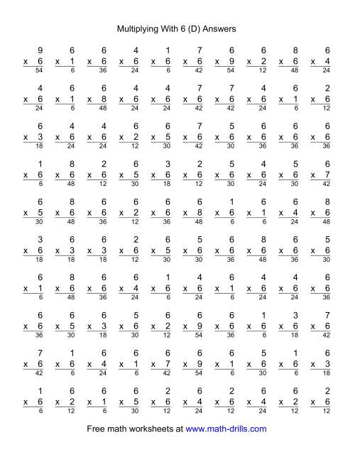The 100 Vertical Questions -- Multiplication Facts -- 6 by 1-9 (D) Math Worksheet Page 2