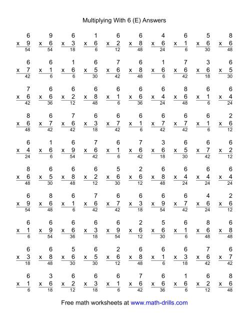 The 100 Vertical Questions -- Multiplication Facts -- 6 by 1-9 (E) Math Worksheet Page 2