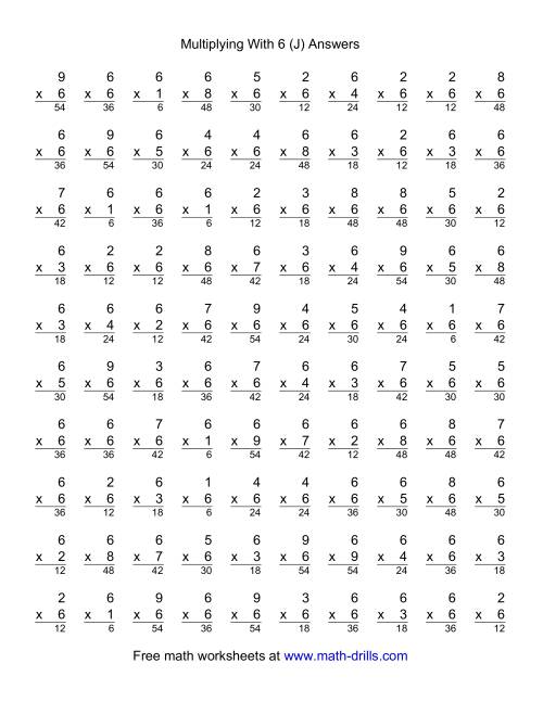 The 100 Vertical Questions -- Multiplication Facts -- 6 by 1-9 (J) Math Worksheet Page 2