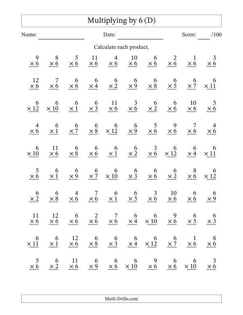 The Multiplying (1 to 12) by 6 (100 Questions) (D) Math Worksheet
