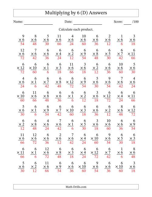The Multiplying (1 to 12) by 6 (100 Questions) (D) Math Worksheet Page 2