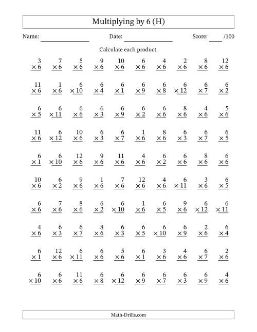 The Multiplying (1 to 12) by 6 (100 Questions) (H) Math Worksheet