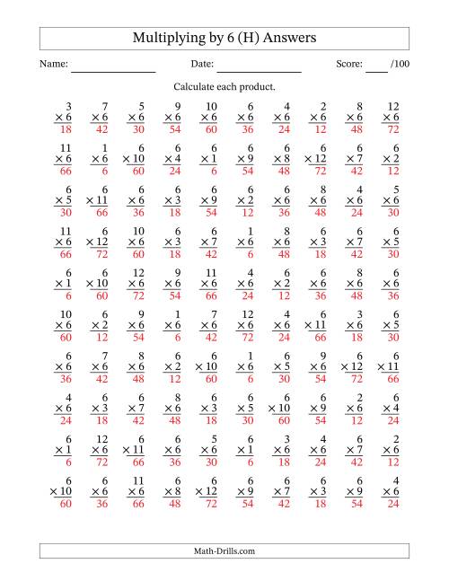 The Multiplying (1 to 12) by 6 (100 Questions) (H) Math Worksheet Page 2