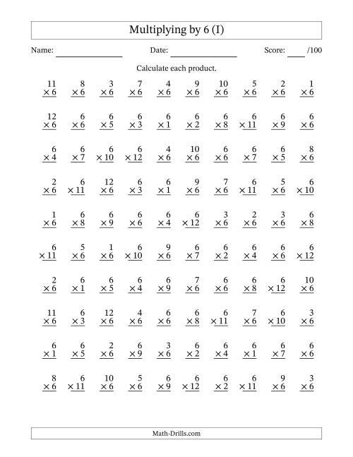 The Multiplying (1 to 12) by 6 (100 Questions) (I) Math Worksheet