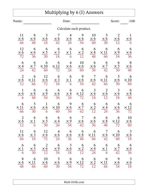The Multiplying (1 to 12) by 6 (100 Questions) (I) Math Worksheet Page 2