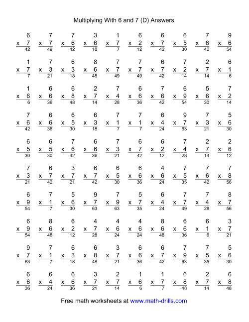The 100 Vertical Questions -- Multiplication Facts -- 6-7 by 1-9 (D) Math Worksheet Page 2