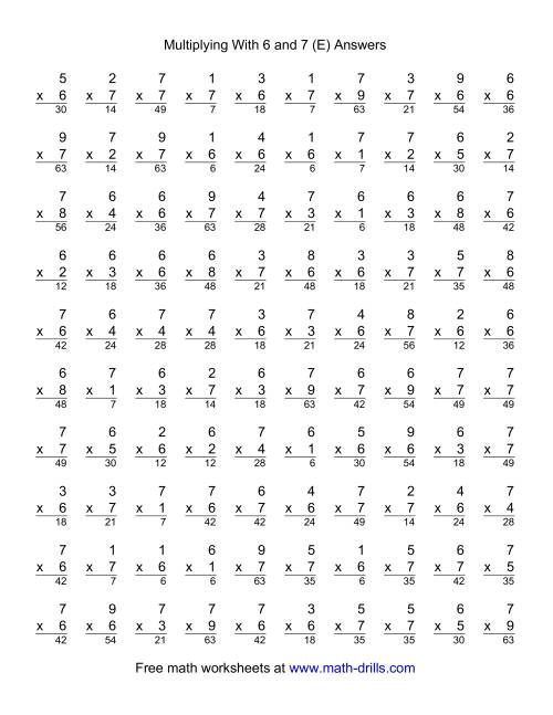 The 100 Vertical Questions -- Multiplication Facts -- 6-7 by 1-9 (E) Math Worksheet Page 2