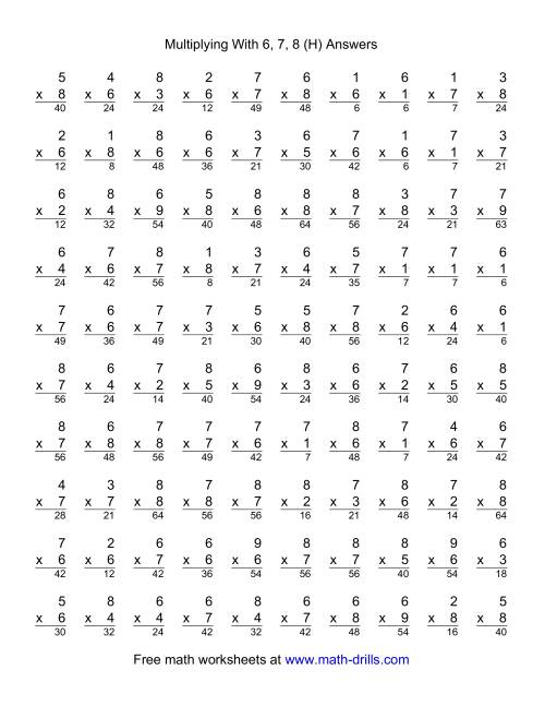 The 100 Vertical Questions -- Multiplication Facts -- 6-8 by 1-9 (H) Math Worksheet Page 2