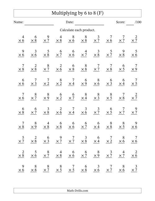 The Multiplying (2 to 9) by 6 to 8 (100 Questions) (F) Math Worksheet