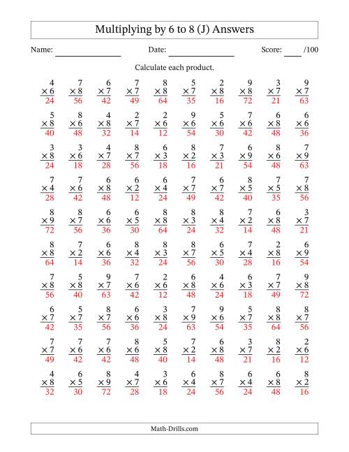 The Multiplying (2 to 9) by 6 to 8 (100 Questions) (J) Math Worksheet Page 2