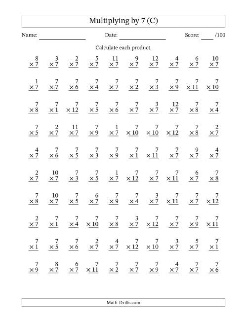 The Multiplying (1 to 12) by 7 (100 Questions) (C) Math Worksheet