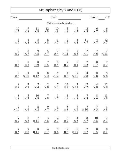 The Multiplying (1 to 12) by 7 and 8 (100 Questions) (F) Math Worksheet