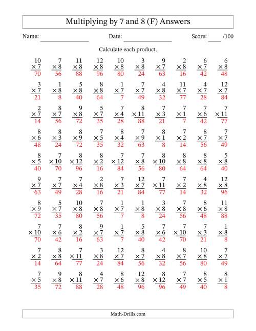 The Multiplying (1 to 12) by 7 and 8 (100 Questions) (F) Math Worksheet Page 2