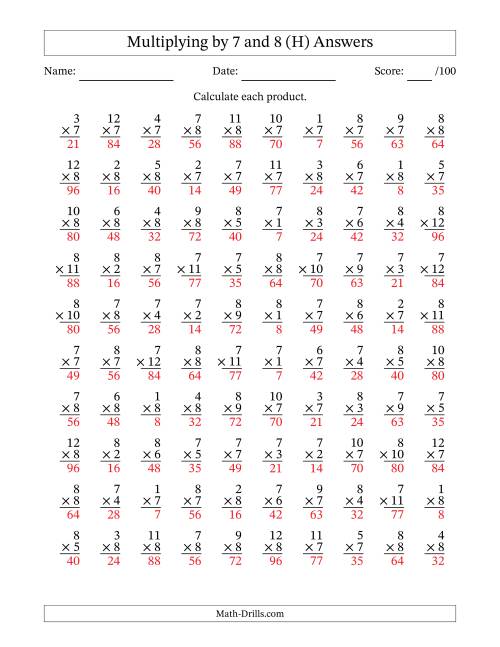 The Multiplying (1 to 12) by 7 and 8 (100 Questions) (H) Math Worksheet Page 2