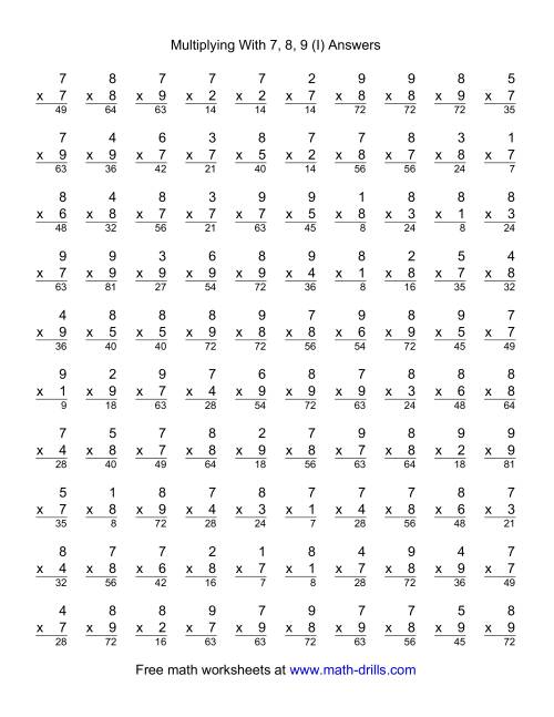 The 100 Vertical Questions -- Multiplication Facts -- 7-9 by 1-9 (I) Math Worksheet Page 2