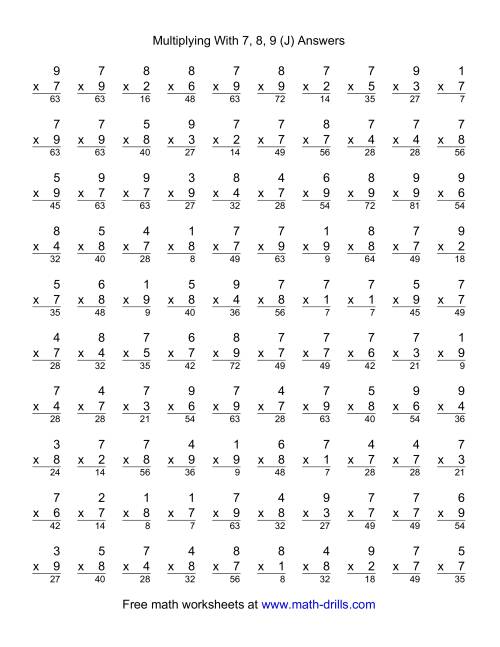The 100 Vertical Questions -- Multiplication Facts -- 7-9 by 1-9 (J) Math Worksheet Page 2