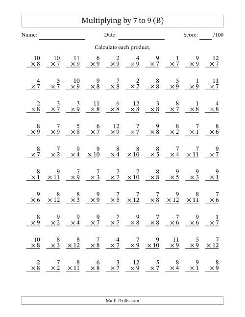 The Multiplying (1 to 12) by 7 to 9 (100 Questions) (B) Math Worksheet