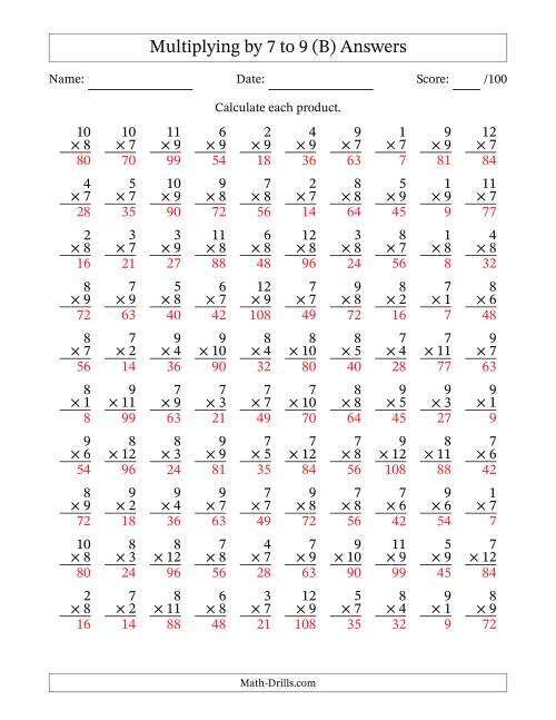 The Multiplying (1 to 12) by 7 to 9 (100 Questions) (B) Math Worksheet Page 2