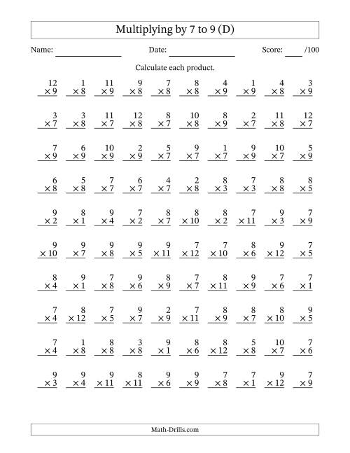 The Multiplying (1 to 12) by 7 to 9 (100 Questions) (D) Math Worksheet