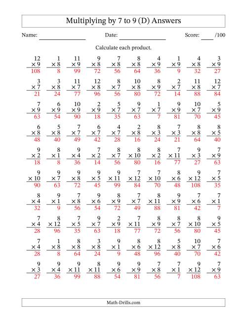 The Multiplying (1 to 12) by 7 to 9 (100 Questions) (D) Math Worksheet Page 2