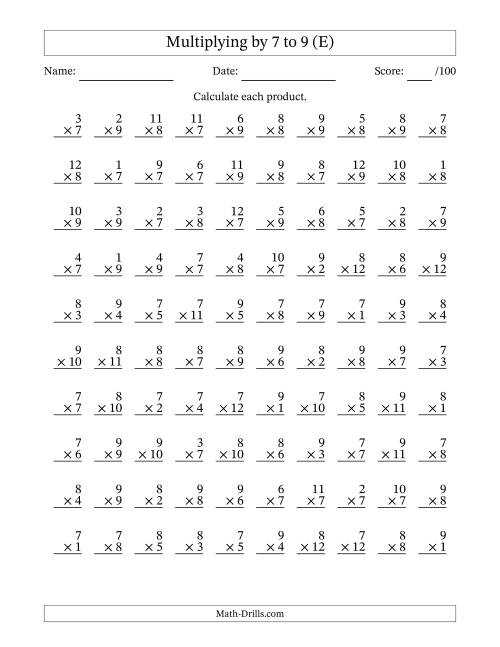 The Multiplying (1 to 12) by 7 to 9 (100 Questions) (E) Math Worksheet