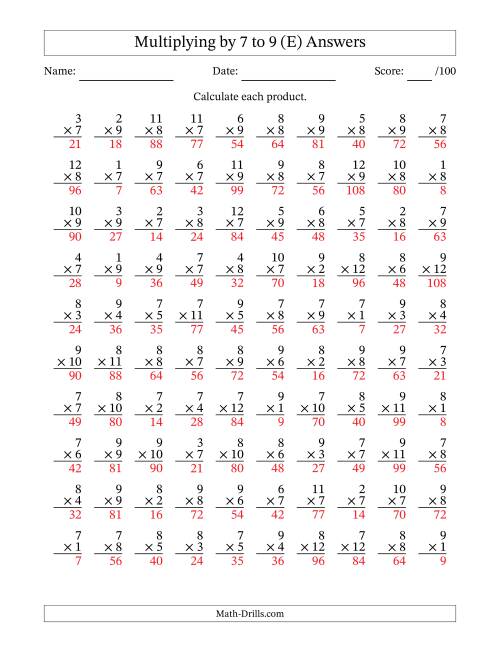 The Multiplying (1 to 12) by 7 to 9 (100 Questions) (E) Math Worksheet Page 2