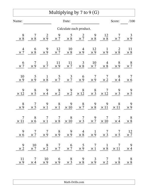 The Multiplying (1 to 12) by 7 to 9 (100 Questions) (G) Math Worksheet