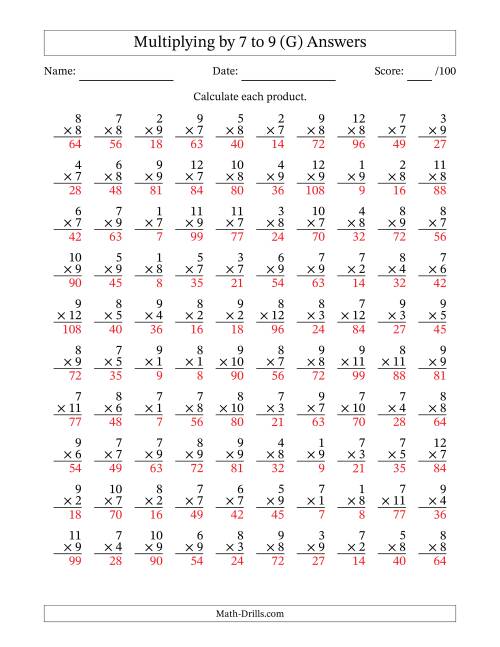 The Multiplying (1 to 12) by 7 to 9 (100 Questions) (G) Math Worksheet Page 2