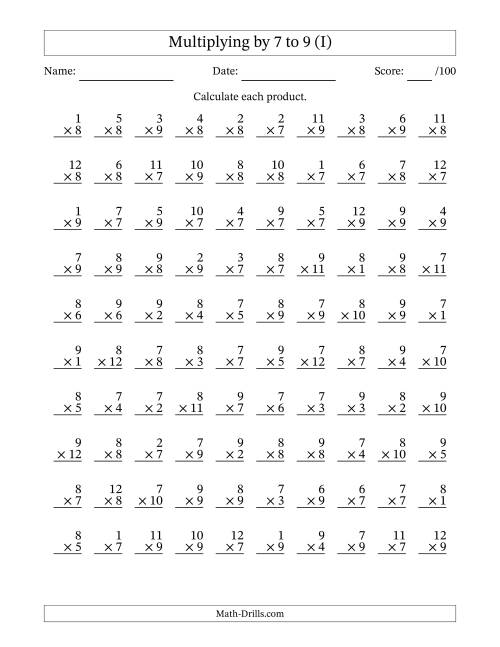 The Multiplying (1 to 12) by 7 to 9 (100 Questions) (I) Math Worksheet
