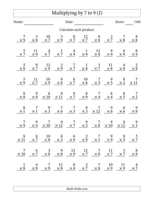 The Multiplying (1 to 12) by 7 to 9 (100 Questions) (J) Math Worksheet