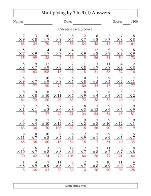 The Multiplying (1 to 12) by 7 to 9 (100 Questions) (J) Math Worksheet Page 2