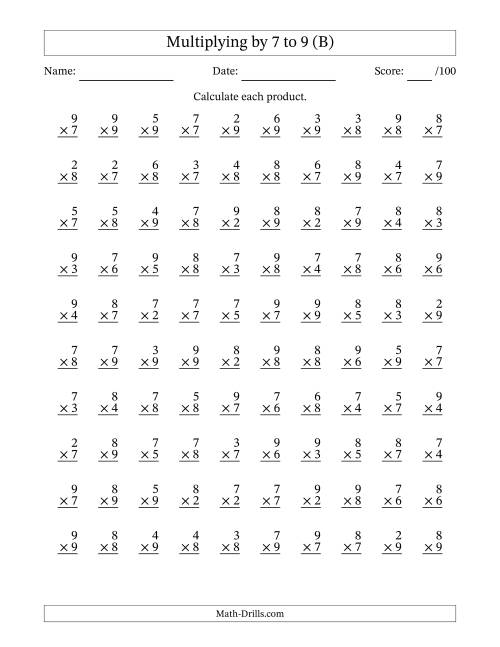 The Multiplying (2 to 9) by 7 to 9 (100 Questions) (B) Math Worksheet