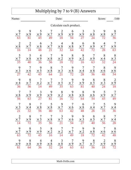 The Multiplying (2 to 9) by 7 to 9 (100 Questions) (B) Math Worksheet Page 2